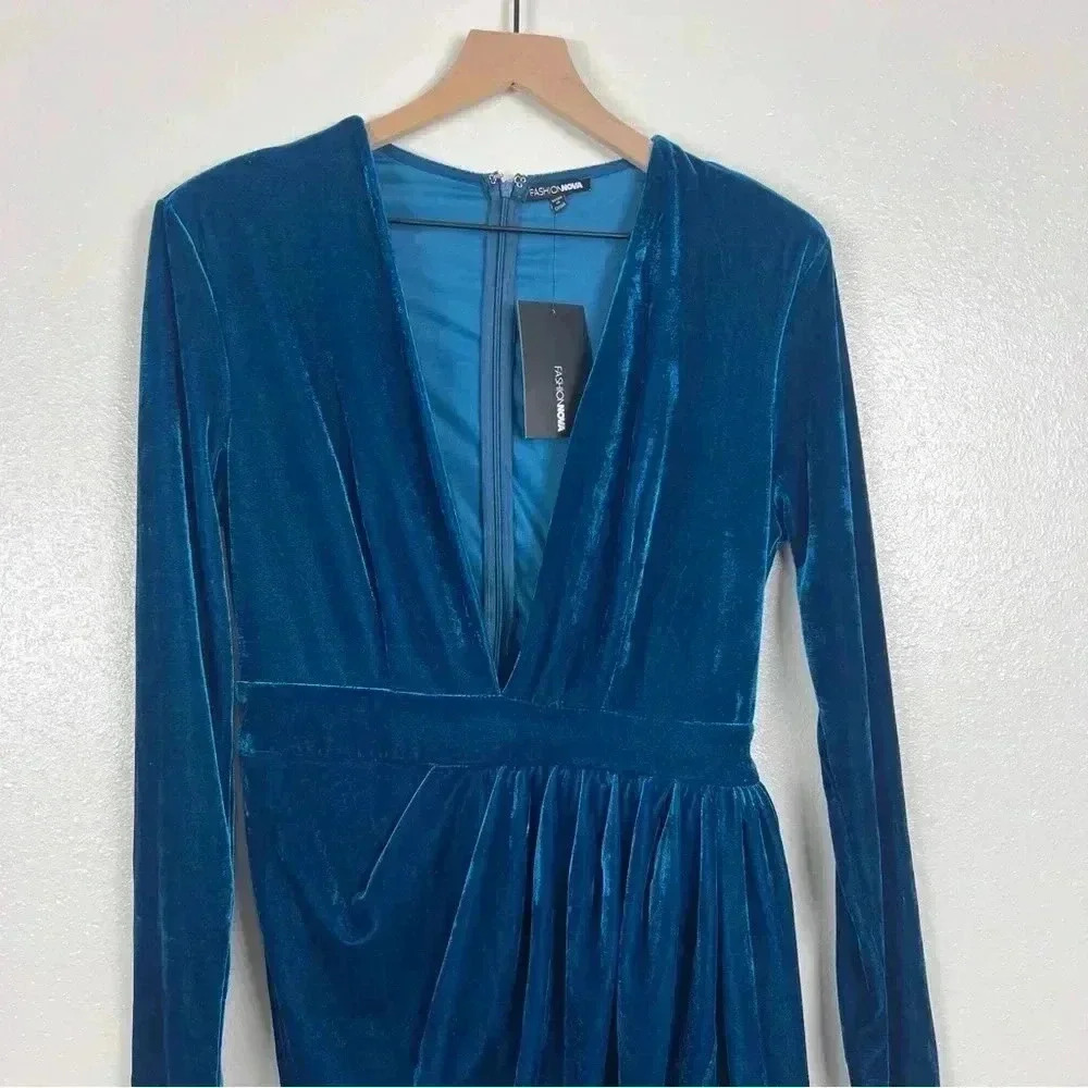 NWT Fashion Nova Teal Velvet Texture Dress - Picture 4 of 7